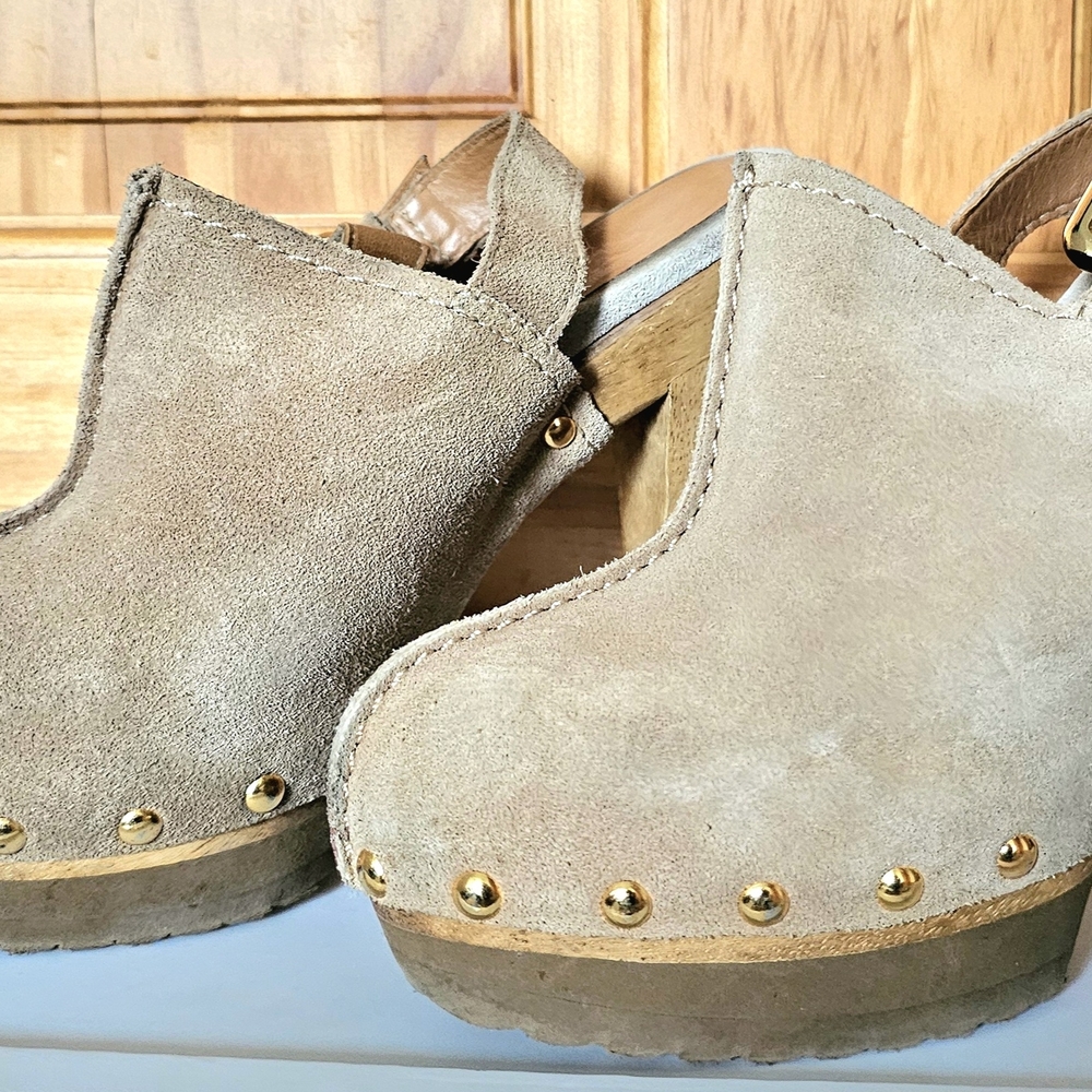 KORS Michael Kors Tan Suede Mules with Gold Studs